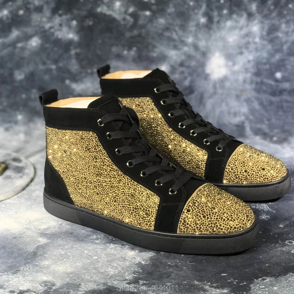 High top Leisure Shoe cl andgz Black Suede Leather Gold Rhinestone Rivet Red bottoms For men Sports Shoes sneakers Flat Loafers
High top Leisure Shoe cl andgz Black Suede Leather Gold Rhinestone Rivet Red bottoms For men Sports Shoes sneakers Flat Loafers
