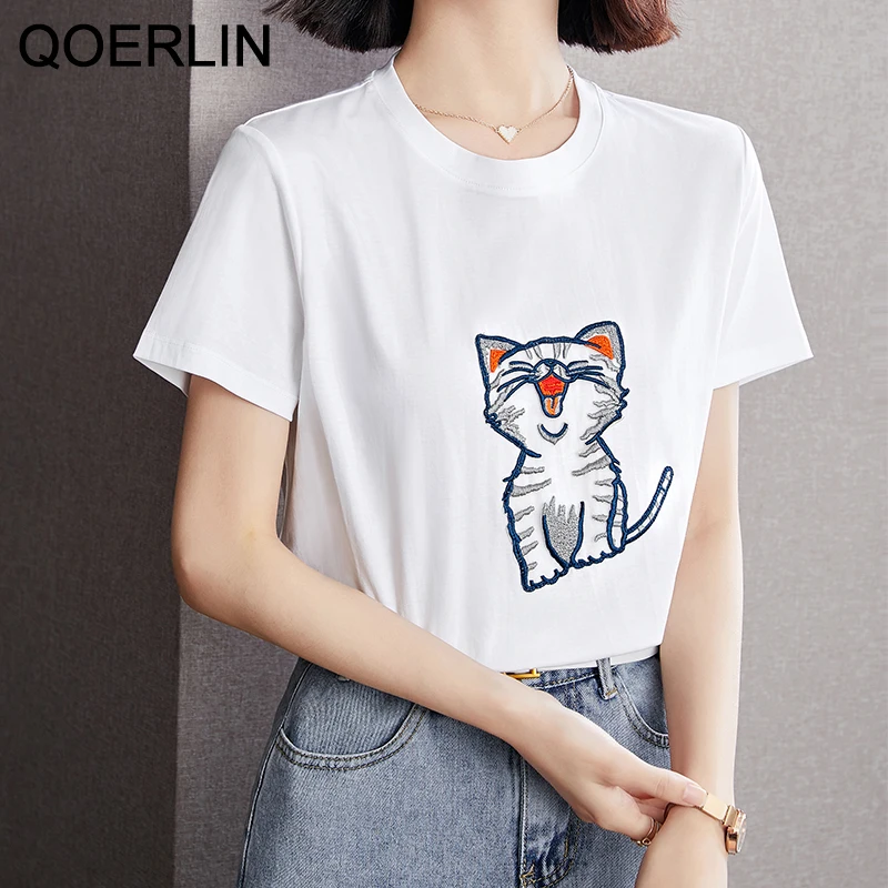 Kawaii Tees Shirts Girls 2021 Embroidered Silver Cat Pattern White Cotton Short Sleeve T-shirt Female Summer Oversize Tops Chic 
Kawaii Tees Shirts Girls 2021 Embroidered Silver Cat Pattern White Cotton Short Sleeve T-shirt Female Summer Oversize Tops Chic
