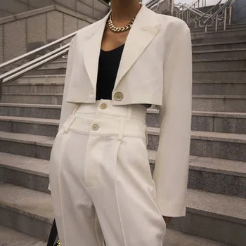 Handsome Women's Short Design One Button Blazer Top and High Waist Full Length Pants Suit Set
Handsome Women's Short Design One Button Blazer Top and High Waist Full Length Pants Suit Set