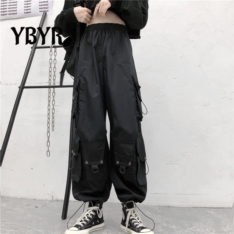 

YBYR Goth Cargo Pants Women Punk Capris Pants Harajuku High Waist Pants Oversize Detachable Strap Casual Trousers Emo Techwear