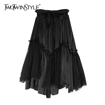 TWOTWINSTYLE Elegant Asymmteircal Women Skirt High Waist Lace Up Bow Patchwork Mesh Ruffles Velvet Irregular Hem Skirts Female 
TWOTWINSTYLE Elegant Asymmteircal Women Skirt High Waist Lace Up Bow Patchwork Mesh Ruffles Velvet Irregular Hem Skirts Female