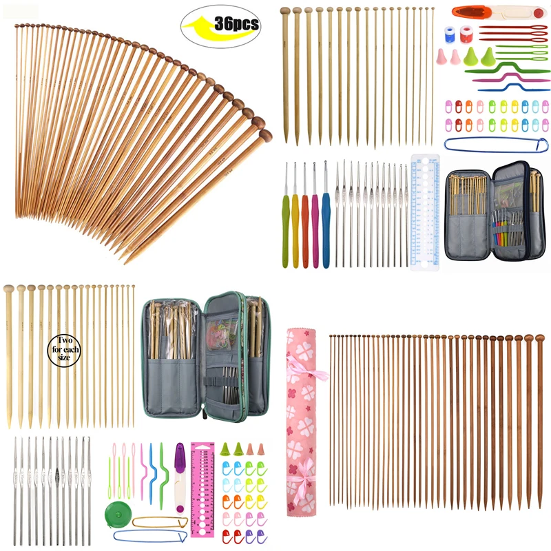 

36pcs Bamboo Knitting Needles Set Mix 2.0mm to 10.0mm 25cm 35cm Straight Single Point Yarn Weave Knitting Needles Hook Kit