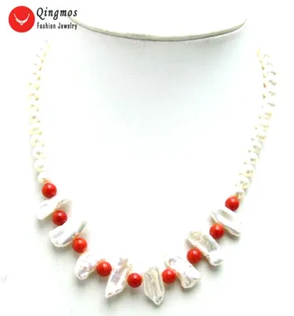 

Qingmos Natural 6-7mm White Pearl and 12-15mm Biwa Pearl Pendant Necklace for Women with 6mm Red Coral Necklace 17" Chokers 6126