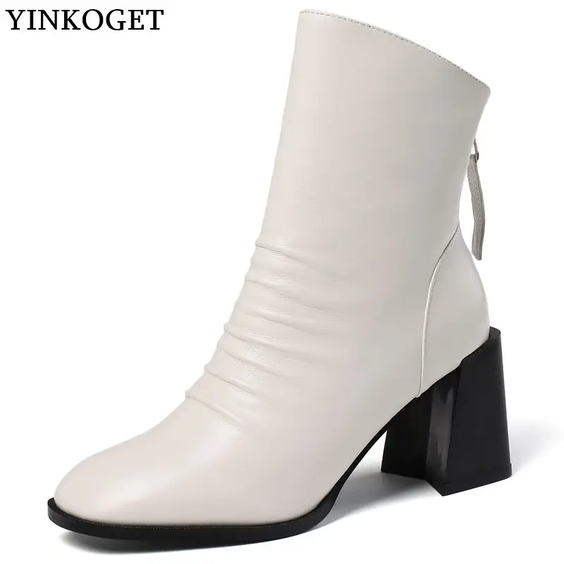 YINKOGET fashion brand genuine leather sexy women long boots ladies charming Autumn Winter girl high thick heel | Обувь