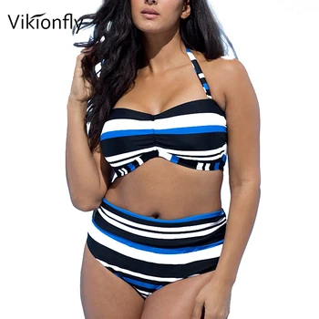 

Vikionfly 4XL Push Up Bikini Plus Size Women Swimsuit 2020 Print Stripe Underwire Bandeau Swimwear Bikini Set Bathing Suit Swim