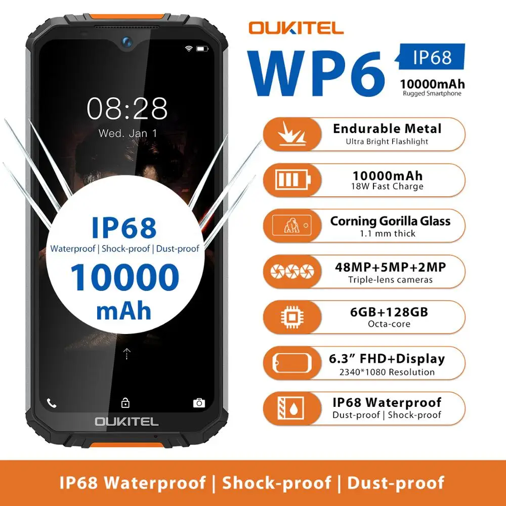 OUKITEL WP6 Ip68 Octa Core Rugged Waterproof Smartphone 6GB 128GB Mobile Phone 9V/2A 10000mAh Battery 48MP Triple Camera | Смартфоны
