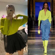 

Autumn and Winter Women's 2022 new Fashion Goth Women Fluorescent Lapel Low-cut Lantern Sleeves Slim Knit Women
