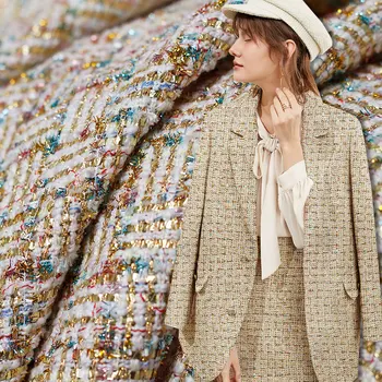 Whitewaxberry France Golden Fil-Lumiere Tweed Fabrics Garment Material Autumn Women Jacket Coat Sewing Cloth Tailor Freeshipping