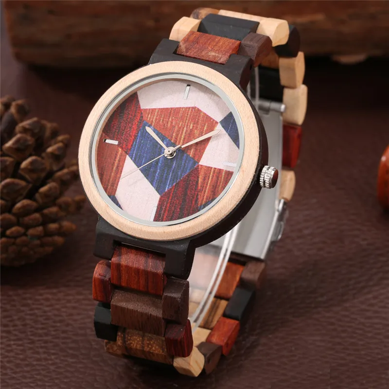 

Colorful Full Wooden Men Watch Geometry Pattern Round Dial Analog Quartz Watch Mens Wood Bangle Wristwatch Folding Clasp Reloj