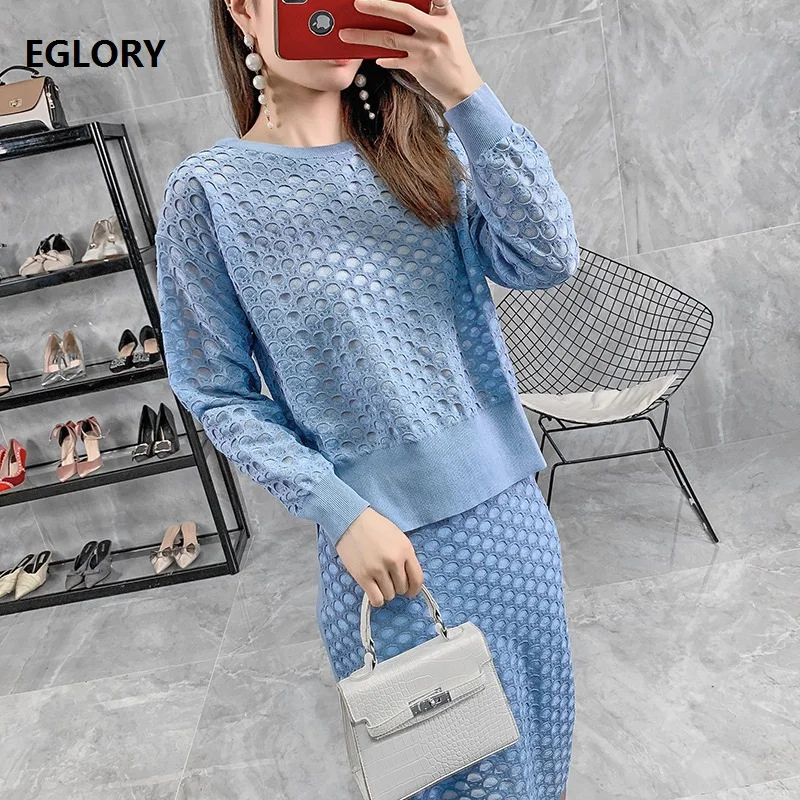 Top Quality Sweater Suits 2019 Autumn Winter Knitted Set Women Hollow Out Blue Black Pullovers+Knee Length Pencil Skirt Set 2pc
Top Quality Sweater Suits 2019 Autumn Winter Knitted Set Women Hollow Out Blue Black Pullovers+Knee Length Pencil Skirt Set 2pc