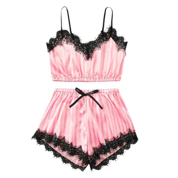 Women’s Two Piece Lingerie Set Fashion Stripe or Lace Camisole and Bow Elastic High Waist Shorts 
Women’s Two Piece Lingerie Set Fashion Stripe or Lace Camisole and Bow Elastic High Waist Shorts