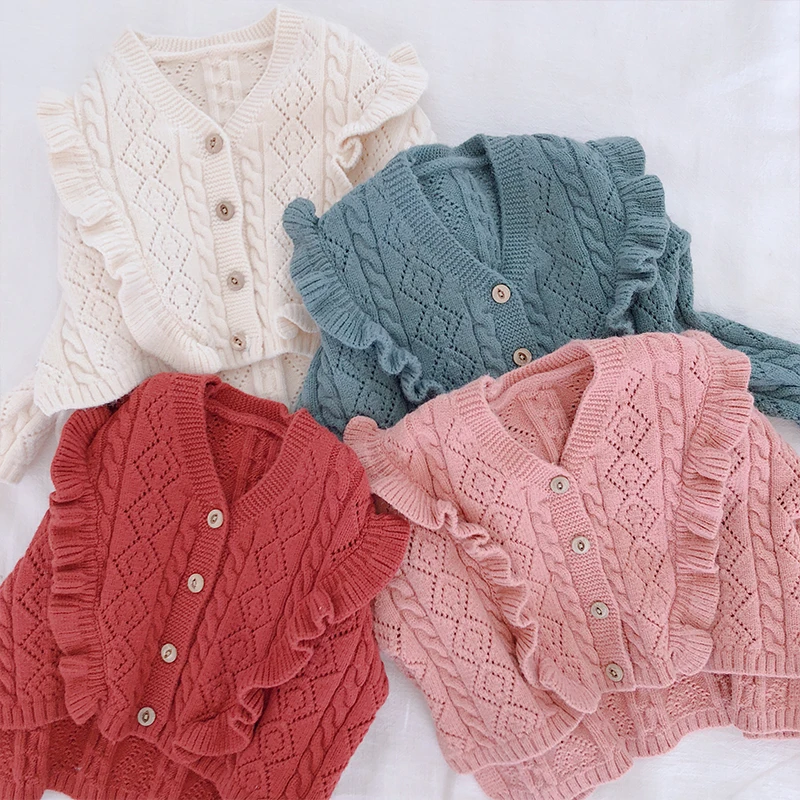 

Girls Spring and Autumn Sweet V-neck Single Breasted Lace Sweaters Children Long Sleeve Cotton Cardigan Little Kids Knitted Coat