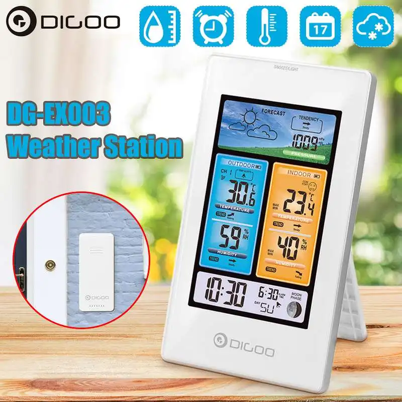 DG-EX003 Weather Station Indoor Outdoor Temperature Humidity Weather Forecast Color Screen Temperature Sensor Thermometer Clocks
DG-EX003 Weather Station Indoor Outdoor Temperature Humidity Weather Forecast Color Screen Temperature Sensor Thermometer Clocks