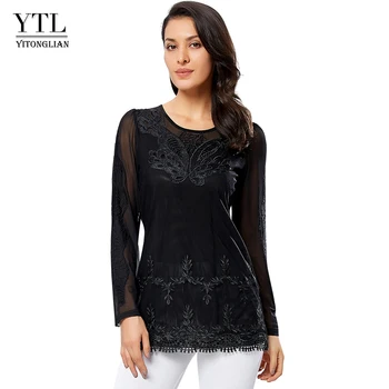 

Yitonglian womens tops and blouses black applique floral lace crochet long sleeve casual woman top blouse shirt blusa feminina