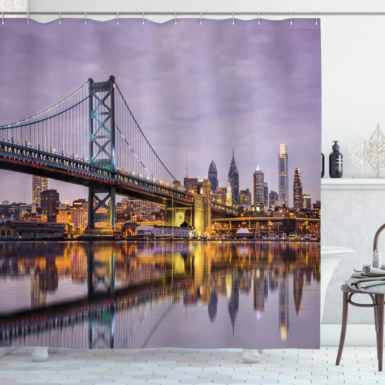 USA Shower Curtain, Ben Franklin Bridge and Philadelphia Skyline Setting Sun Reflections on Water, Cloth Fabric Bathroom Decor
USA Shower Curtain, Ben Franklin Bridge and Philadelphia Skyline Setting Sun Reflections on Water, Cloth Fabric Bathroom Decor