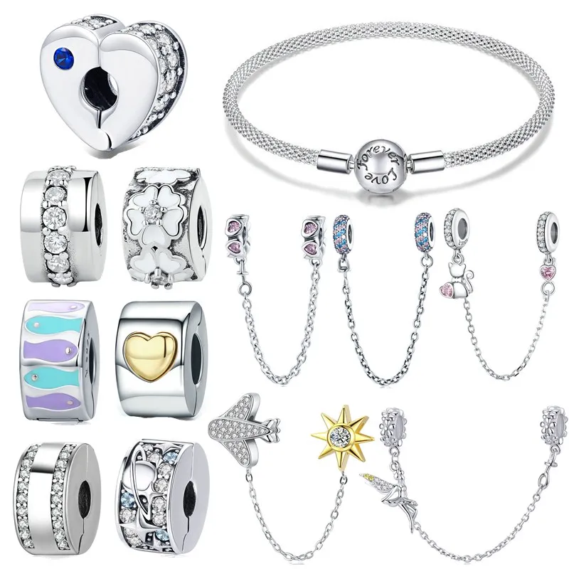 

INBEAUT 925 Sterling Silver White CZ Airplane Sunshine Fish Safety Chain Beads fit Pandora Bracelet Galaxy Heart Planet Charms