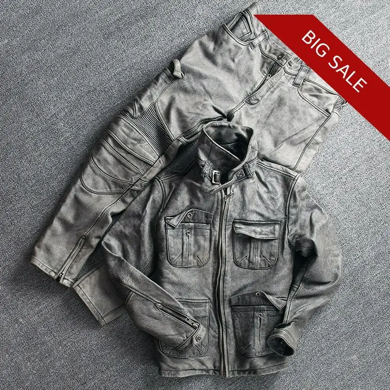 2020 Vintage Grey Men Leather Jacket and Leather Trousers Plus Size 5XL Genuine Thick Cowhide American Style Leather Coat
2020 Vintage Grey Men Leather Jacket and Leather Trousers Plus Size 5XL Genuine Thick Cowhide American Style Leather Coat