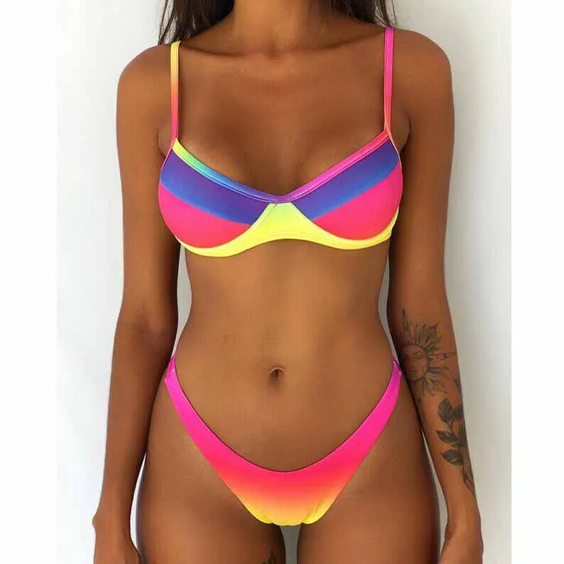 

Women Rainbow Print Bikini Swimwear Sunflower Monokini Bikinis Set Bathing Suit Triangle Swimsuit underwire Bra Beachwear Summer