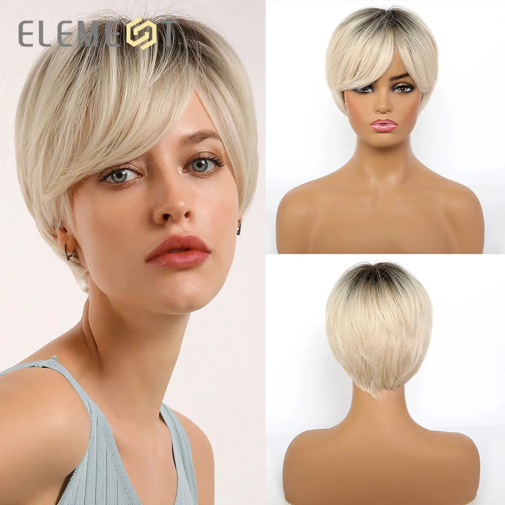 Element Synthetic Short Straight Black Root Ombre Blonde Pixie Cut Wigs with Side Bangs for White/Black Women Heat Resistant | Шиньоны и