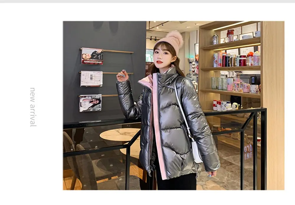 PinkyIsBlack 2020 Autumn Womens Winter Coats Fashion Glossy Stand Collar Parkas Winter Jacket Women Shinny Padded Cotton Coat