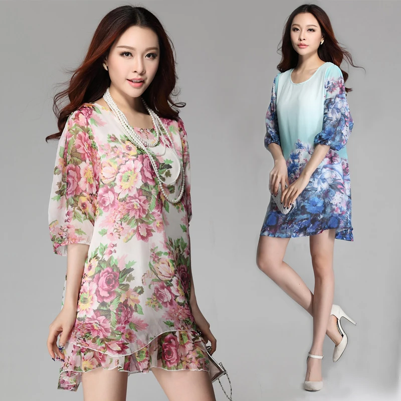 Print 4XL Plus Size Floral Dress 2020 Summer Dresses Half Sleeve O-Neck Flounced Women Clothing 12 Color Style Vestidos WD0144 | Женская