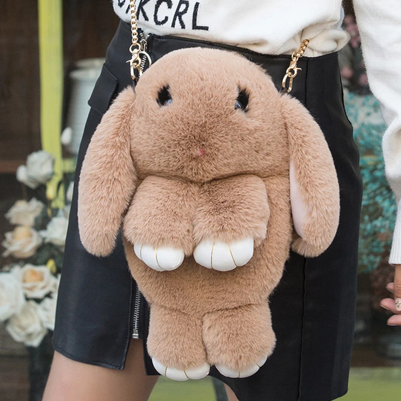 

Hot 32CM Cute Rabbit Fur Pompoms Chain Bag Women Cartoon Rabbit Sling Bag Fluffy Bunny Shoulder Plush Backpack Gifts