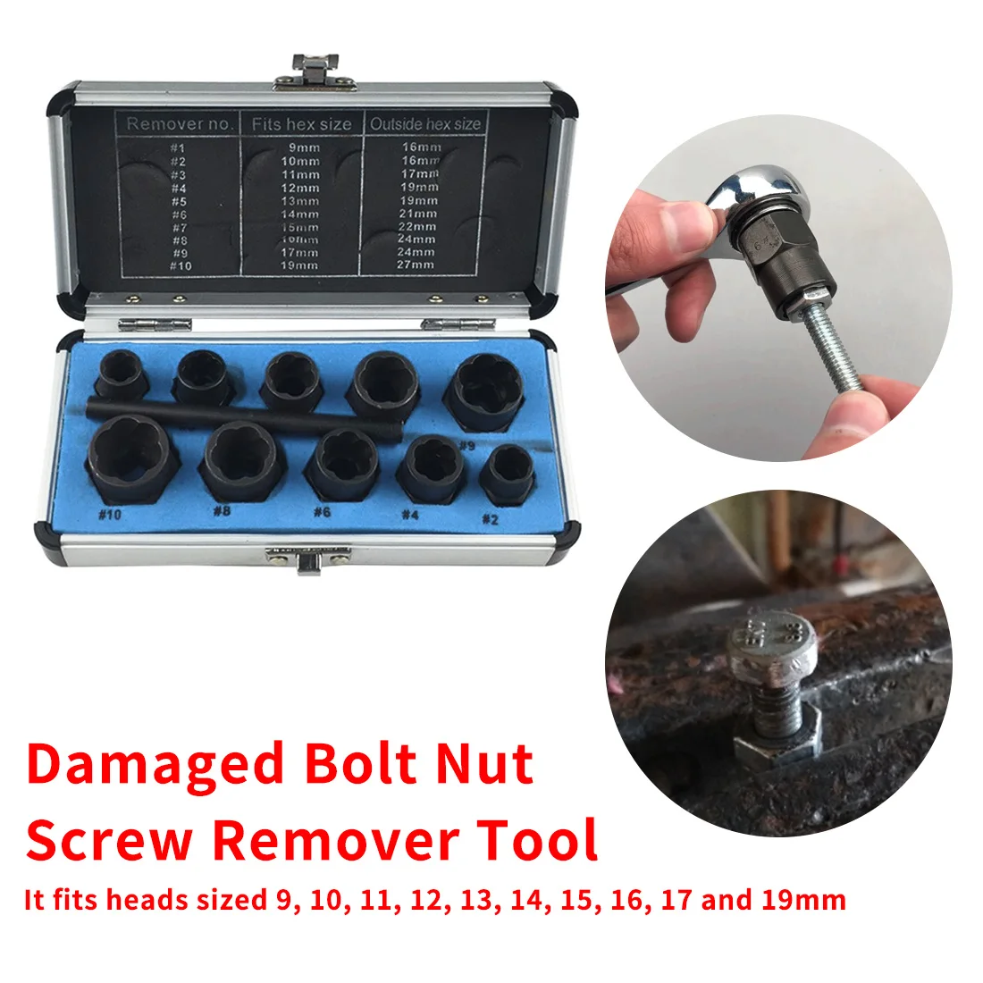 10pcs 9-19mm Damaged Bolt Nut Screw Remover Extractor Removal Set Nut Removal Socket Tool Threading Hand Tools Kit With Box
10pcs 9-19mm Damaged Bolt Nut Screw Remover Extractor Removal Set Nut Removal Socket Tool Threading Hand Tools Kit With Box