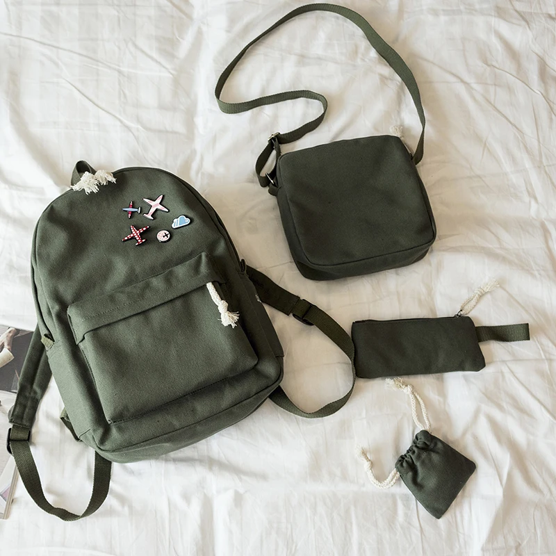 Menghuo 5 Pcsset Women Backpacks Cute Plane Badge School Bags For Teenage Girls Simple Canvas Backpacks Ladies Shoulder Bags (16)