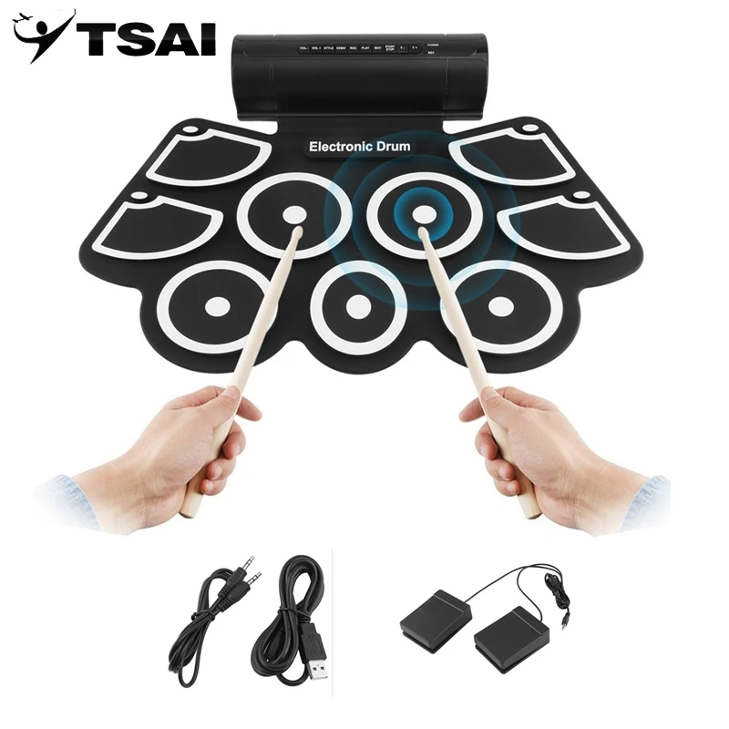 TSAI Portable Electronics Roll Up Drum Pad Set 9Silicon Pads Built-in Speakers with Drumsticks Foot Pedals USB 3.5mm Audio Cable
TSAI Portable Electronics Roll Up Drum Pad Set 9Silicon Pads Built-in Speakers with Drumsticks Foot Pedals USB 3.5mm Audio Cable