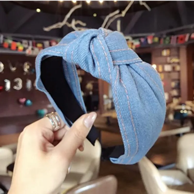 

Light Blue Denim Hairbands Knot Teen Girls Daily Headdress Top Bow Knotted Headbands Solid Women Hair Accessories Wide Head Band