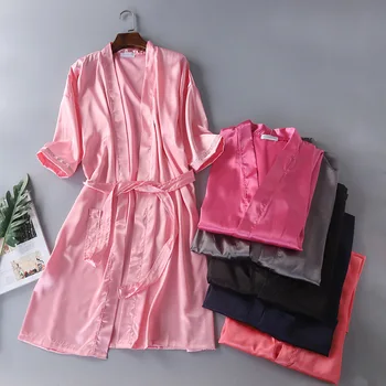 

Men's and Women's Silk-like Bathrobe Nightgown Summer Solid Kimono Robe Three Quarter Sleeve Satin Robes Plus Size Dressing Gown