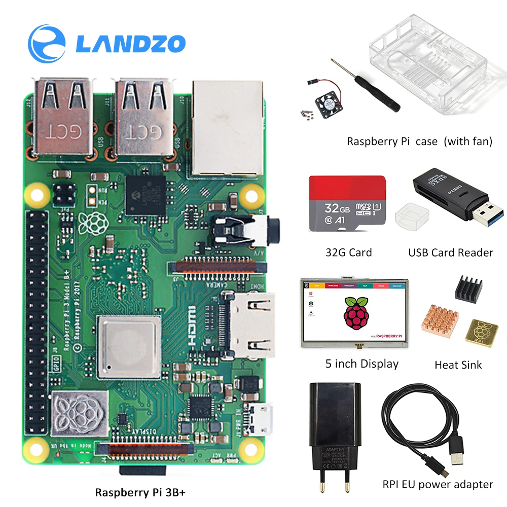 Оригинальный Raspberry Pi 3B plus комплект экрана с чехлом радиатором питанием от сети EU/US