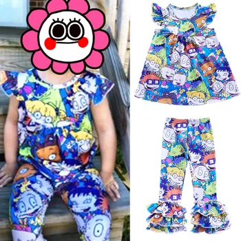 

Toddler Girls Clothes Milk Silk Flutter Shirts Ruffle Pants Set Boutique Kids Clothing Cartoon 2 Pieces Set Girls Outfits