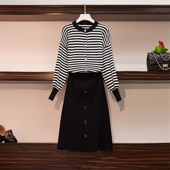 Women Knitted Suits Plus Size Autumn Striped Single Breasted Sweater Coat And Elastic Waist Knee A Linte Skirt Set Two Piece Set
Women Knitted Suits Plus Size Autumn Striped Single Breasted Sweater Coat And Elastic Waist Knee A Linte Skirt Set Two Piece Set