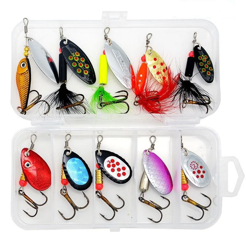 

10pcs/lot Assorted Fishing Lure Set Metal Fishing Baits Bass Spoon Spinner Bait With Sharp Fishing Tackle Box