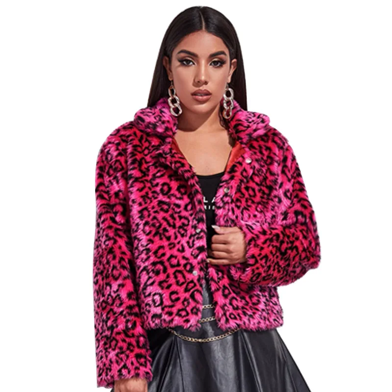 

New Luxury Faux Fur Coat Leopard Print Winter Jacket Turn Down Collar Slim Women's Outerwear