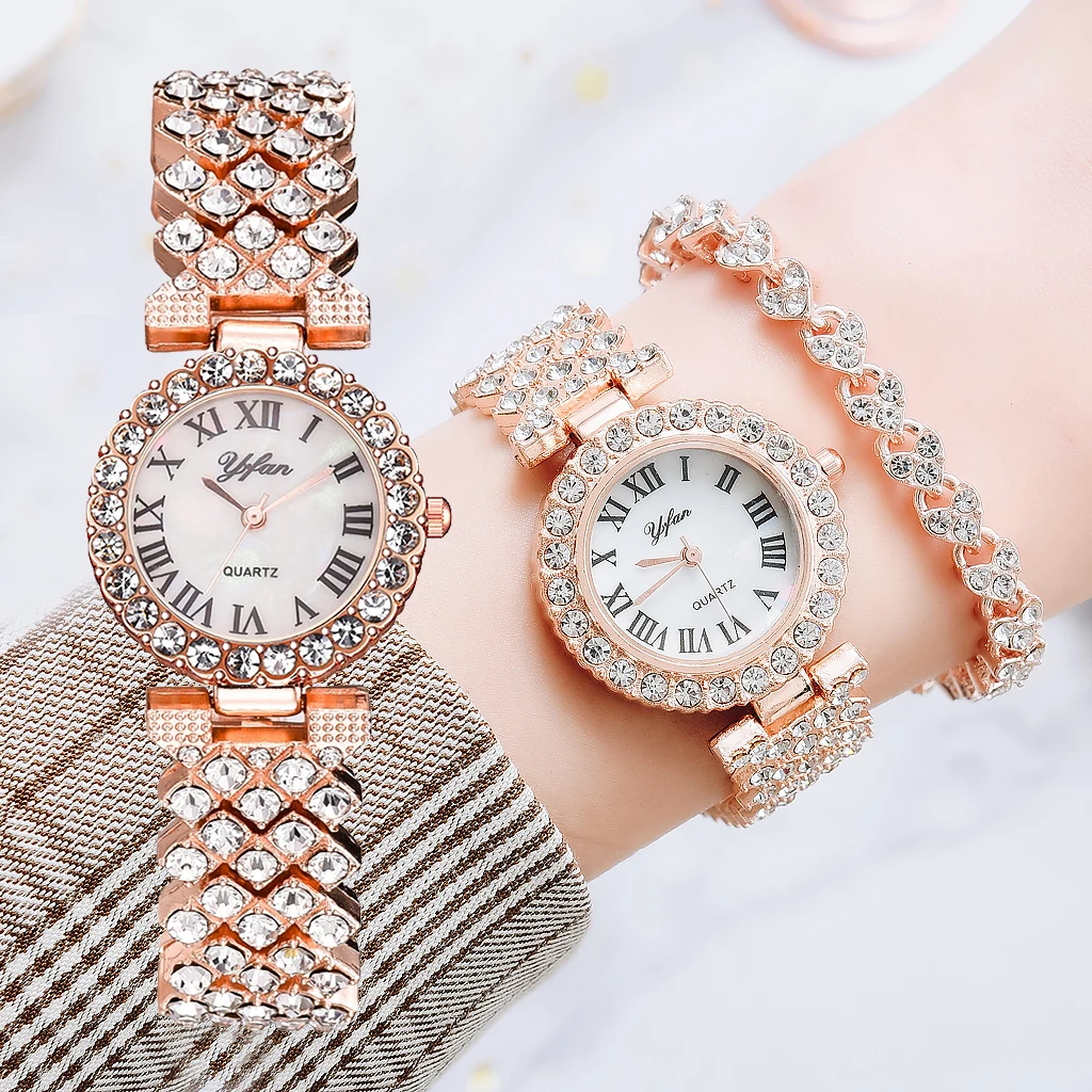 Часы женские кварцевые под розовое золото с браслетом и бриллиантами | Наручные