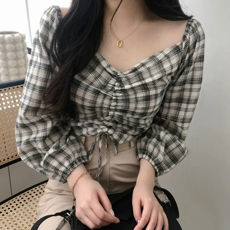 New Fashion V-neck Drawstring Long Sleeve Shirt Women Harajuku Plaid Printed Short Blouse Blue Black Autumn Cotton Shirt Tops
New Fashion V-neck Drawstring Long Sleeve Shirt Women Harajuku Plaid Printed Short Blouse Blue Black Autumn Cotton Shirt Tops