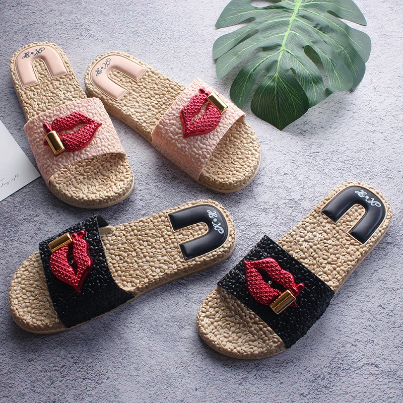 

Slipper Women's Outer Wear Versitile Fashion Lips Summer New Style INS Flat Anti-slip Comfortable Casual Beach Sandals a