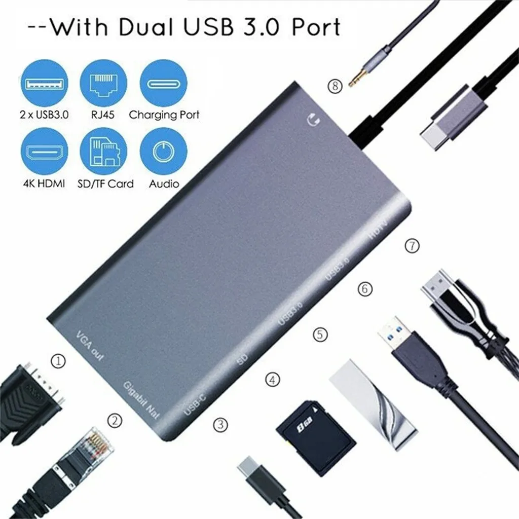 Usbc To Rj45 Lan 4K Hdmi Vga 2Usb 3.0 Sd Card Slot Reader 8 in 1 Type C Dock Adapter Hub for Macbook for Samsung Huawei
Usbc To Rj45 Lan 4K Hdmi Vga 2Usb 3.0 Sd Card Slot Reader 8 in 1 Type C Dock Adapter Hub for Macbook for Samsung Huawei
