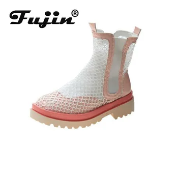 Fujin Women's Boots Summer Fishing Mesh Hollow Platform Slanted Heel Boots Thick Bottom Fashion Breathable Chimney Short Boots 
Fujin Women's Boots Summer Fishing Mesh Hollow Platform Slanted Heel Boots Thick Bottom Fashion Breathable Chimney Short Boots