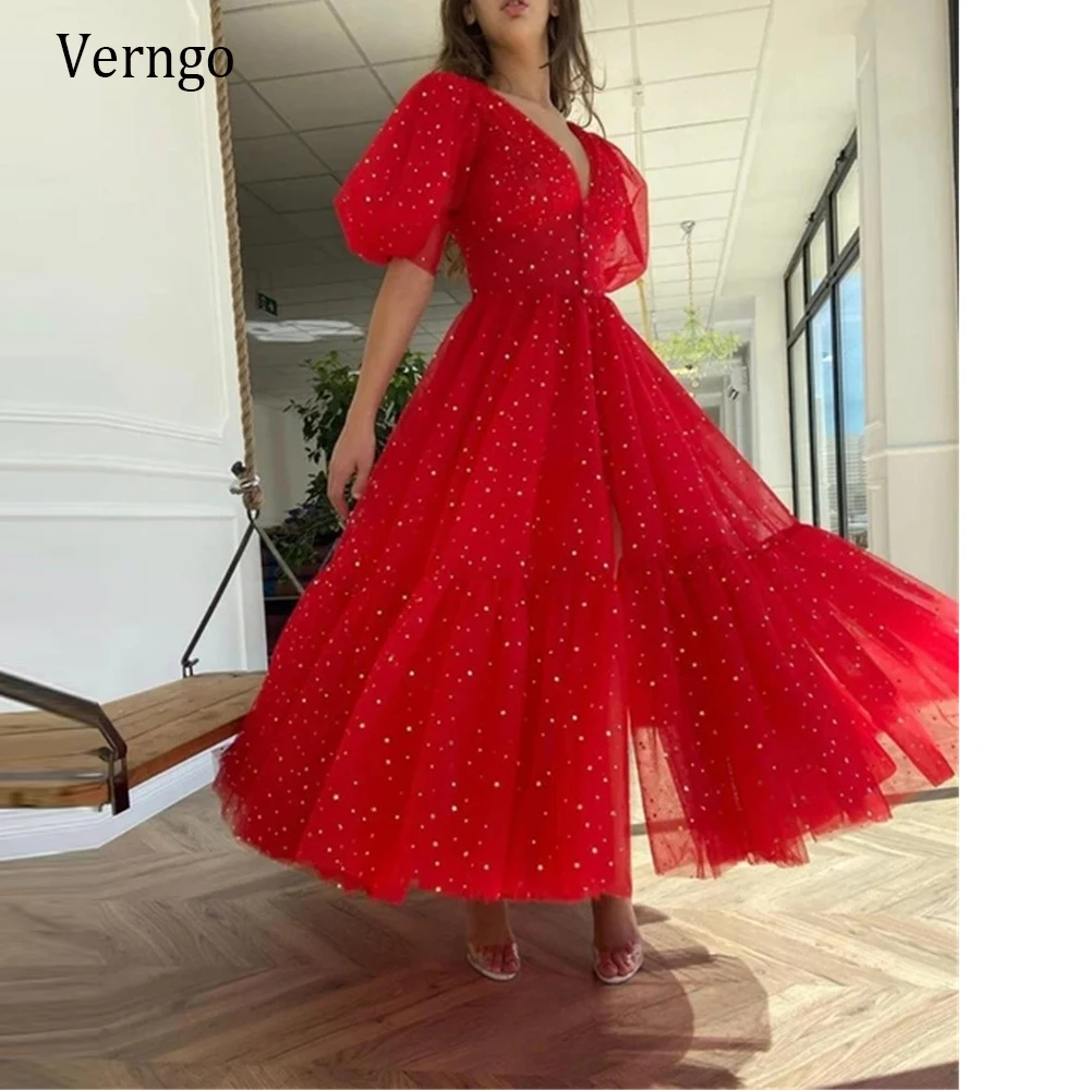 Verngo 2021 Red Tulle A Line Short Prom Dresses With Sparkly Golden Stars Deep V Neck Puff Sleeves Graduation Party Gowns
Verngo 2021 Red Tulle A Line Short Prom Dresses With Sparkly Golden Stars Deep V Neck Puff Sleeves Graduation Party Gowns