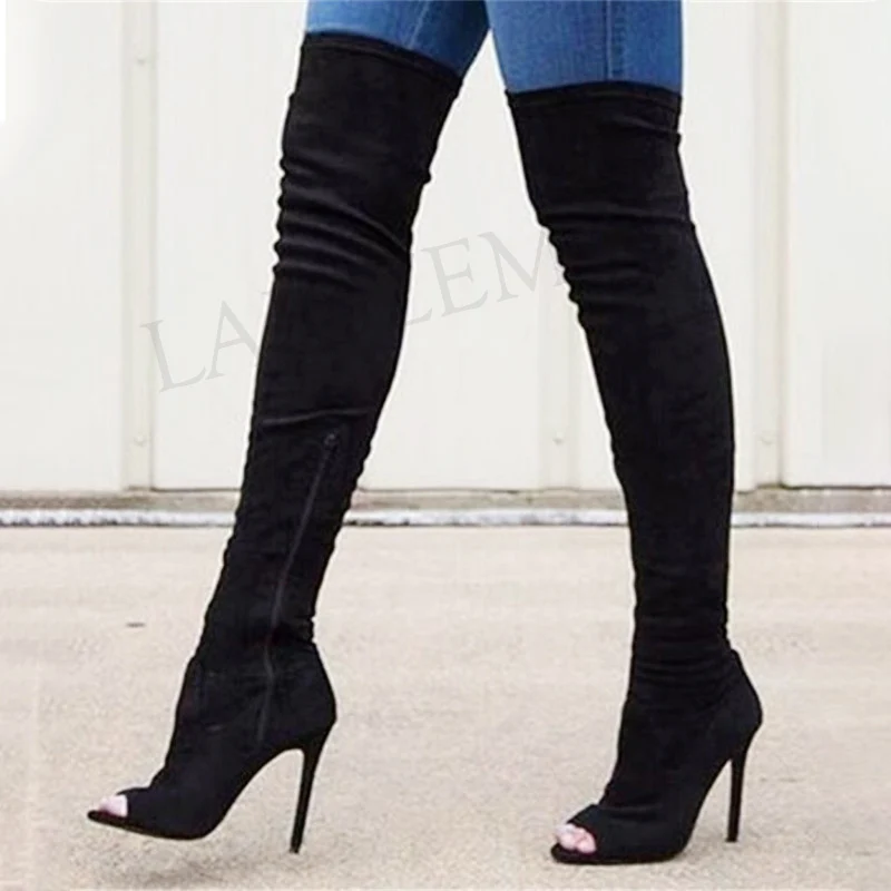 

LAIGZEM Women Thigh High Boots Open Toe Faux Suede Side Zip Party Heeled Boots Shoes Woman Botines Mujer Botas Large Size 52