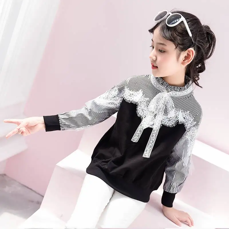 

Girls Pure Cotton Lace Bottoming Shirt Children's Spring Autumn Long Sleeve Tops Kids Students Lace Stripe Spliced Clothes B246