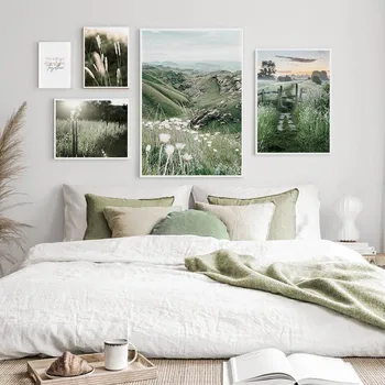 

Sunrise Countryside Nature Poster Wall Art Canvas Print Scandinavian Painting Landscape Field Meadow Picture Nordic Home Decor