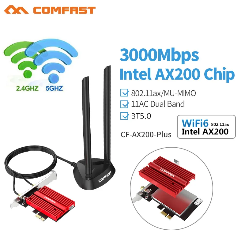 3000Mbps Dual Band Wireless Desktop PCIe For Intel AX200 Plus Card 802.11ax 2.4G/5Ghz Bluetooth 5.0 PCI Express WiFi 6 Adapter
3000Mbps Dual Band Wireless Desktop PCIe For Intel AX200 Plus Card 802.11ax 2.4G/5Ghz Bluetooth 5.0 PCI Express WiFi 6 Adapter