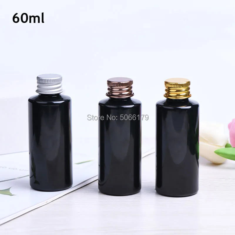100pcs/lot 60ml Black Plastic Bottles 60ML PET Empty With Aluminum Screw Cap Cosmetic Toner Lotion Cream Vials Container | Красота и