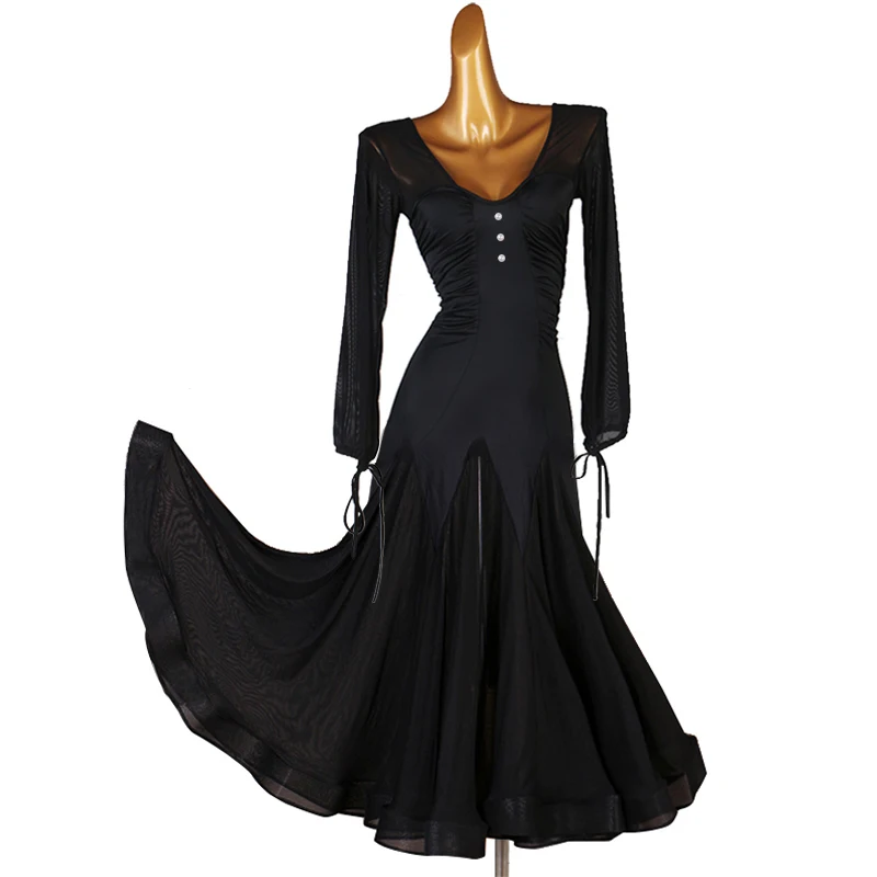 Одежда для профессиональных современных танцев с длинным рукавом черное платье