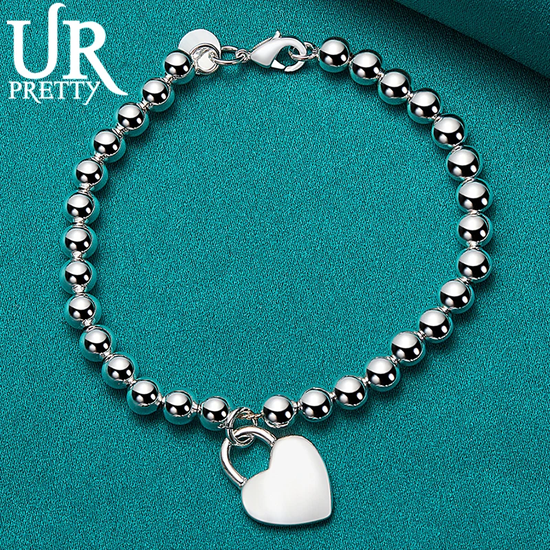 

URPRETTY 925 Sterling Silver 6mm Smooth Bead Ball Chain Heart Lock Pendant Bracelet For Women Wedding Engagement Charm Jewelry