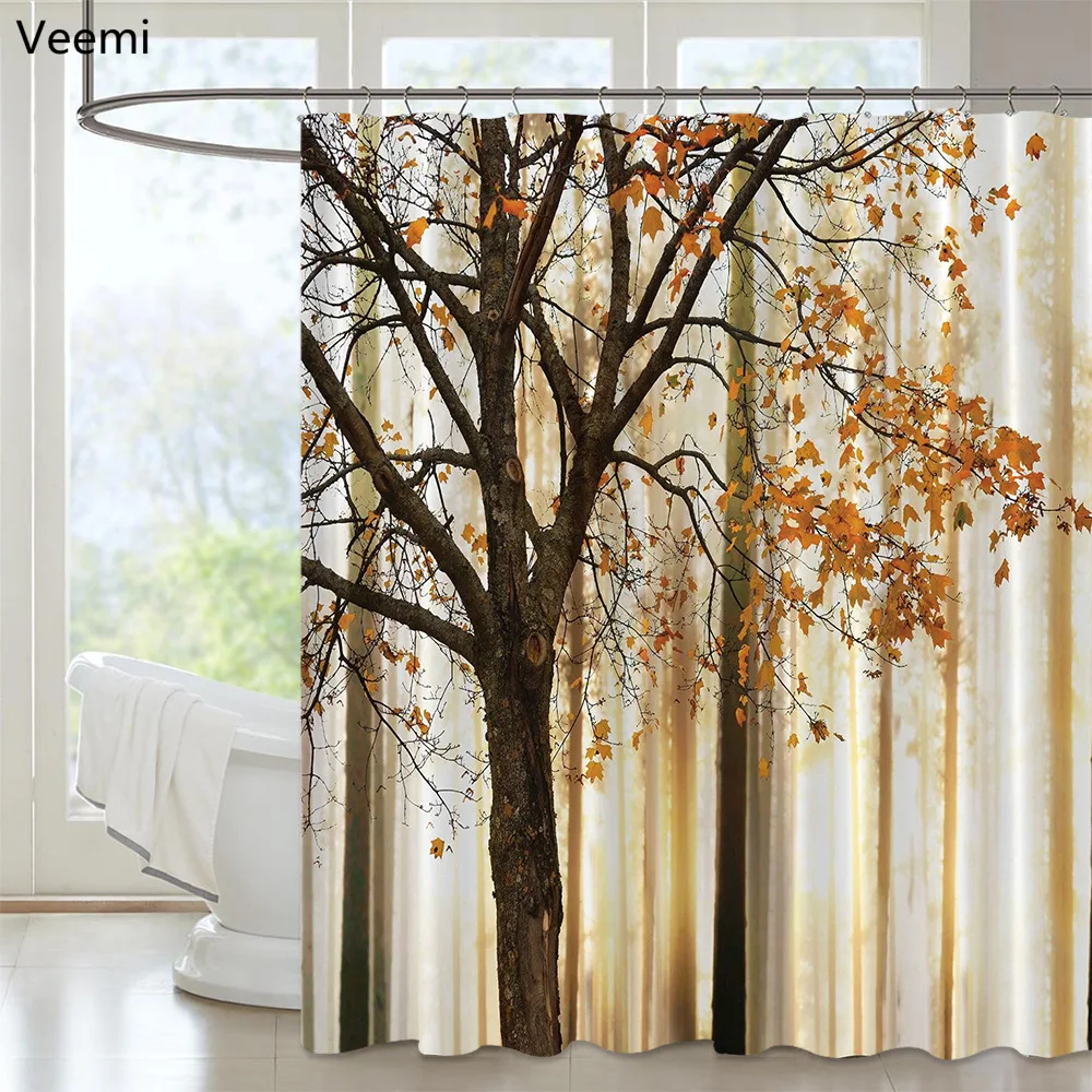 

Modern maple leaves printed waterproof fabric shower curtain single-plank bridge colorful trees bathroom bathtub curtain